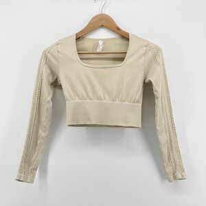 OFFLINE by Aerie Small Sand Ribbed Seamless‎ Square Neck Crop Top Braided Sleeve